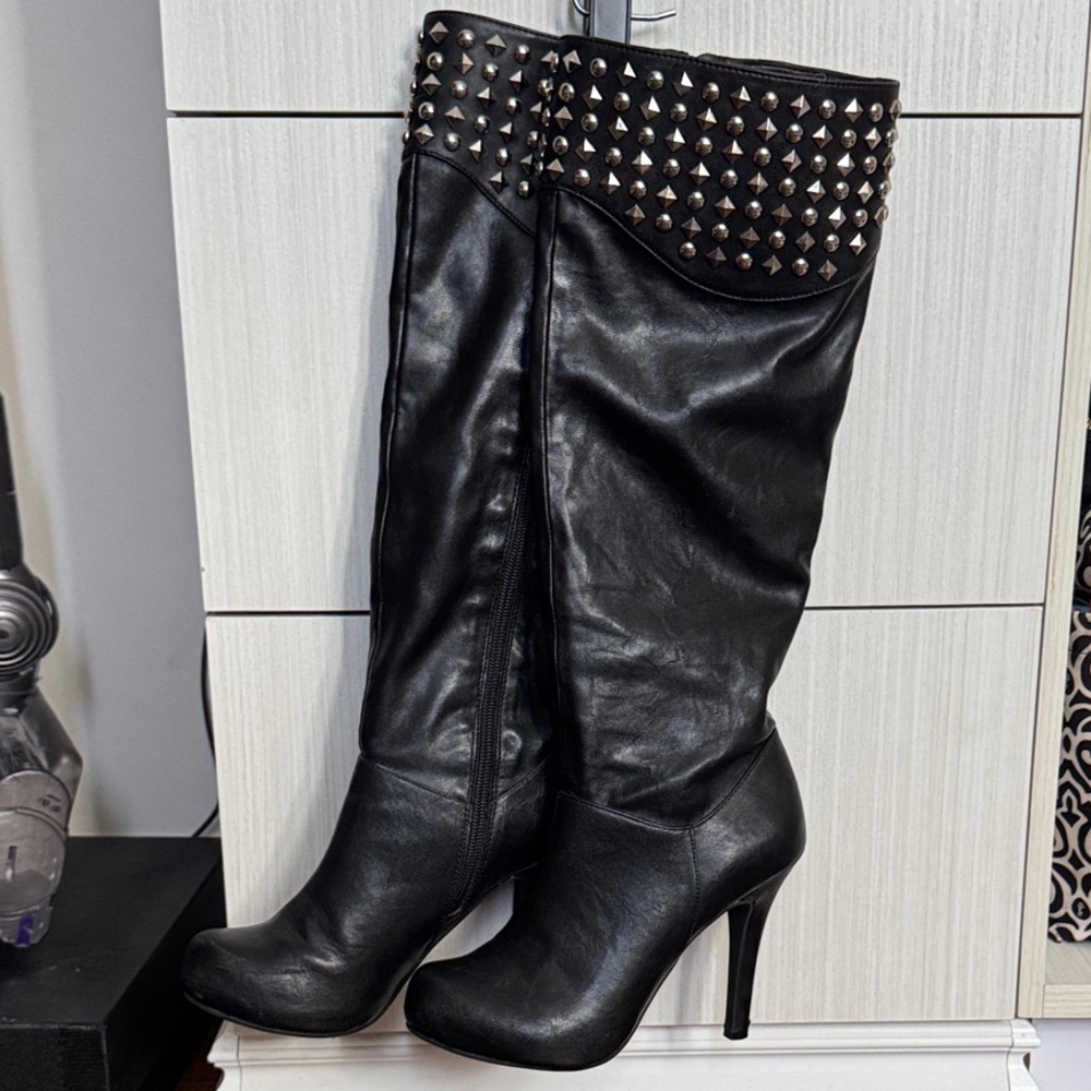 BCBG Faux Leather Platform Studded Knee Boots